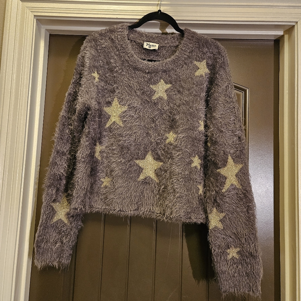 Show Me Your Mumu Cropped Varsity Sweater Shine Star Knit, Gray/Gold - Size Med.